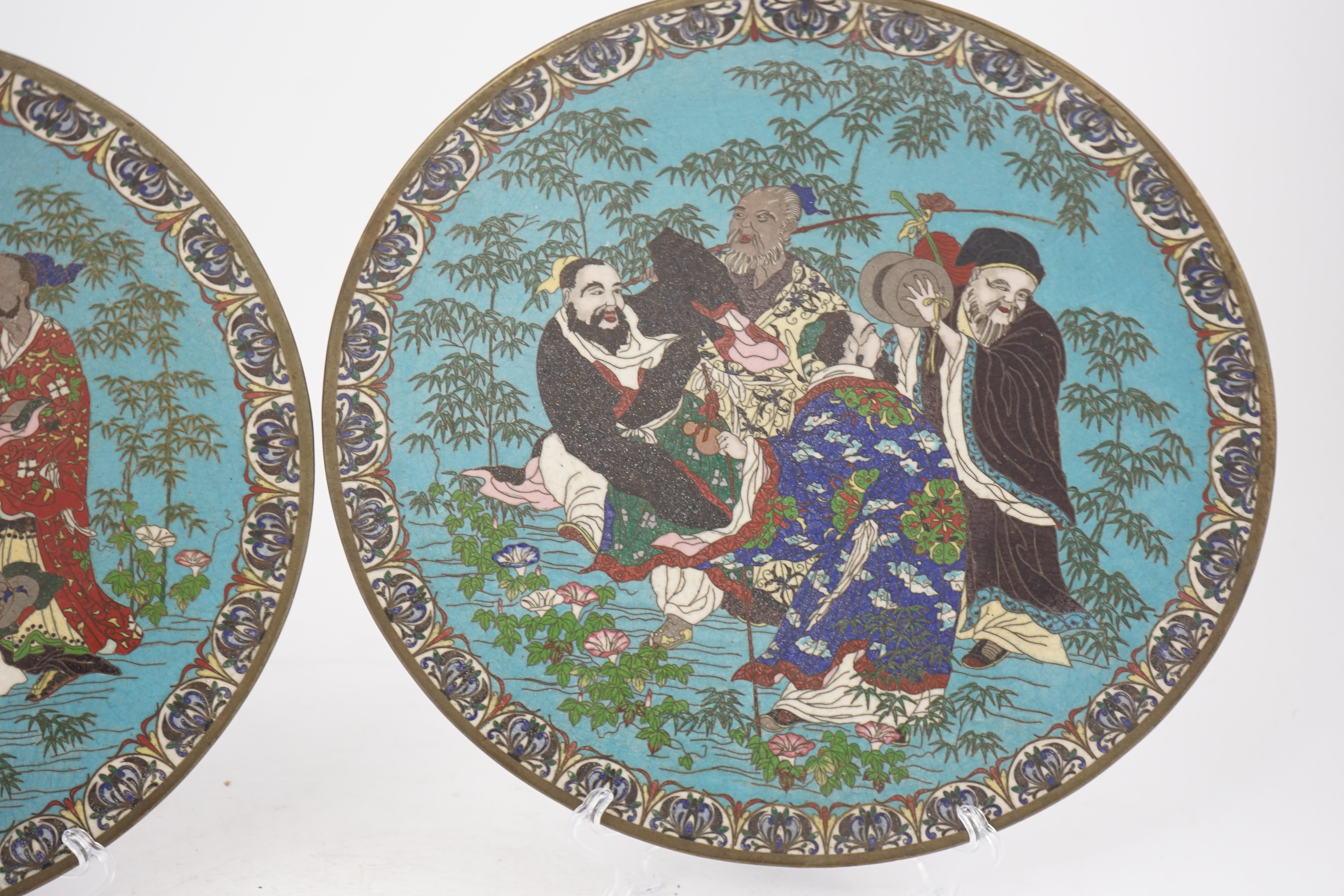 A pair of Japanese cloisonné enamel ‘Seven Sages of the Bamboo Grove’ dishes, Meiji period